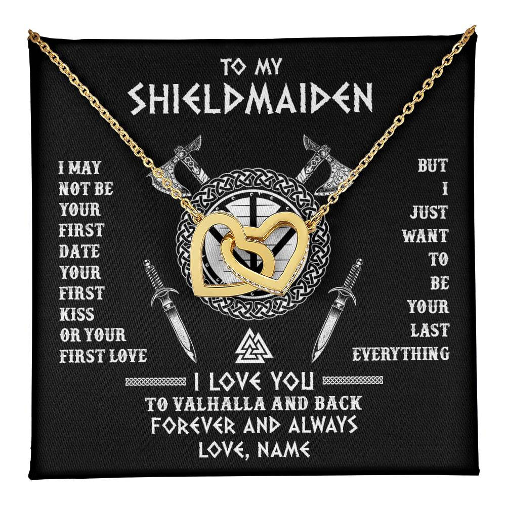 Interlocking Hearts Necklace 18K Yellow Gold Finish | 1 | Personalized To My Shieldmaiden Viking Necklace I Love You To Valhalla And Back Wife Girlfriend Women Birthday Anniversary Customized Gift Box Message Card | teecentury