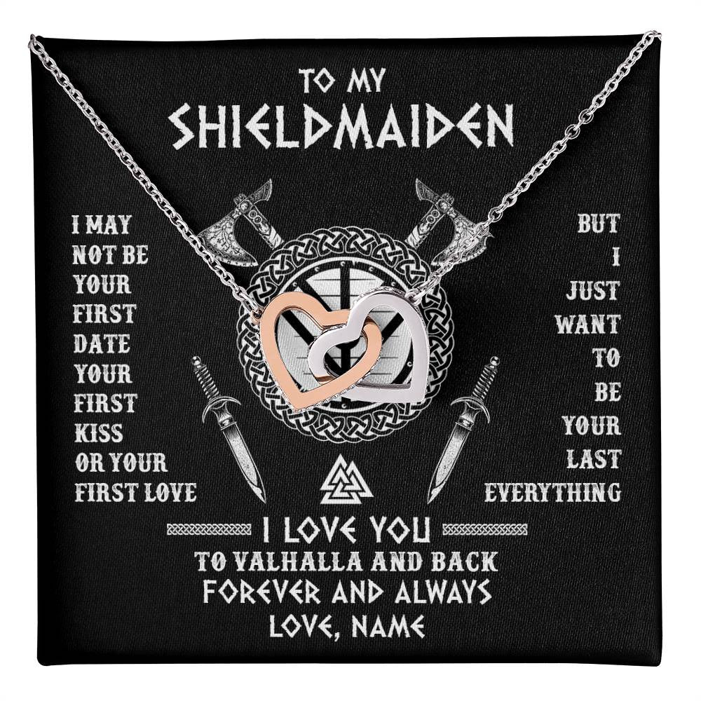 Interlocking Hearts Necklace Stainless Steel & Rose Gold Finish | 1 | Personalized To My Shieldmaiden Viking Necklace I Love You To Valhalla And Back Wife Girlfriend Women Birthday Anniversary Customized Gift Box Message Card | teecentury