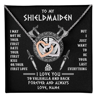 Interlocking Hearts Necklace Stainless Steel & Rose Gold Finish | 1 | Personalized To My Shieldmaiden Viking Necklace I Love You To Valhalla And Back Wife Girlfriend Women Birthday Anniversary Customized Gift Box Message Card | teecentury