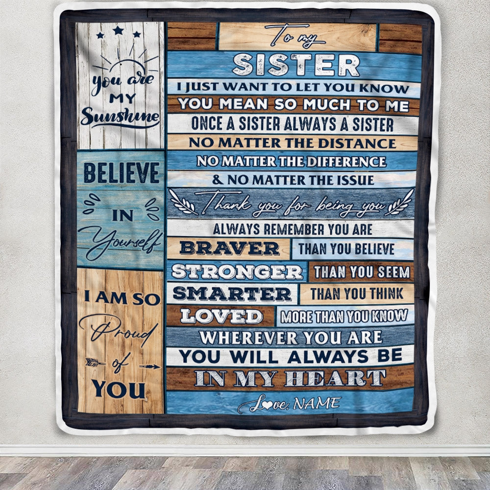 Personalized To My Sister Blanket From Brother Wood You Will Always Be In My Heart Sister Birthday Christmas Graduation Customized Bed Fleece Throw Blanket | teecentury