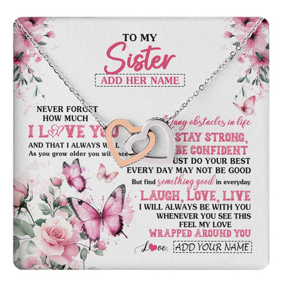 Interlocking Hearts Necklace Stainless Steel & Rose Gold Finish | 1 | Personalized To My Sister Gifts From Brother Necklace I Love You Butterfly Birthday Gifts For Sister Graduation Christmas Custom Gift Box Message Card | https://teecentury.