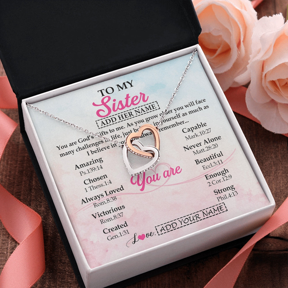Interlocking Hearts Necklace Stainless Steel & Rose Gold Finish | 2 | Personalized To My Sister Gifts Necklace From Brother Christian Religious Jewelry Gifts For Sister Birthday Graduation Christmas Custom Gift Box Message Card | https://teecentury.