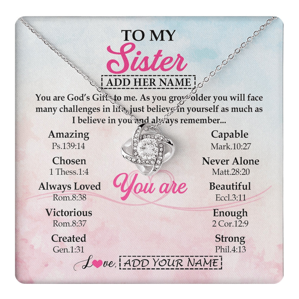 Love Knot Necklace 14K White Gold Finish | 1 | Personalized To My Sister Gifts Necklace From Brother Christian Religious Jewelry Gifts For Sister Birthday Graduation Christmas Custom Gift Box Message Card | https://teecentury.