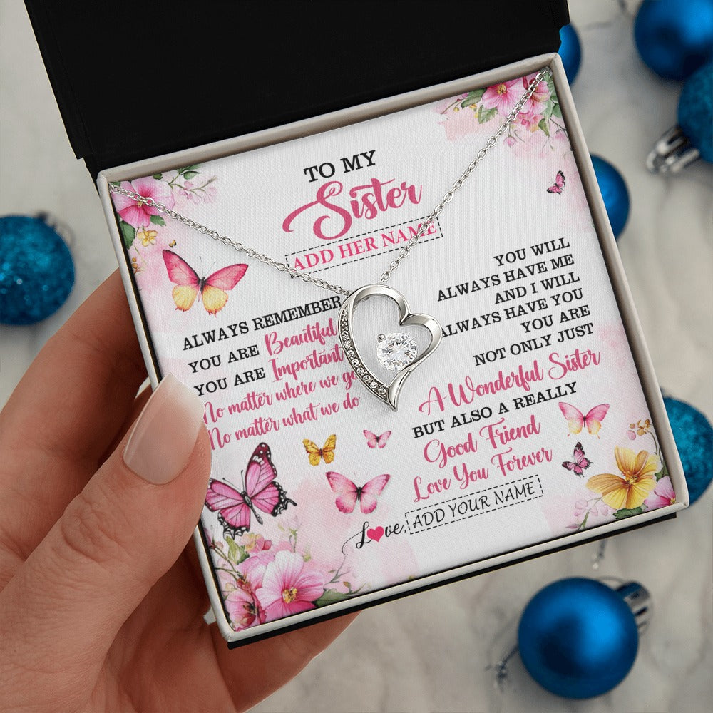 Forever Love Necklace 14K White Gold Finish | 2 | Personalized To My Sister Gifts Necklace From Brother You Are Beautiful Birthday Gifts For Sister Graduation Christmas Custom Gift Box Message Card | https://teecentury.