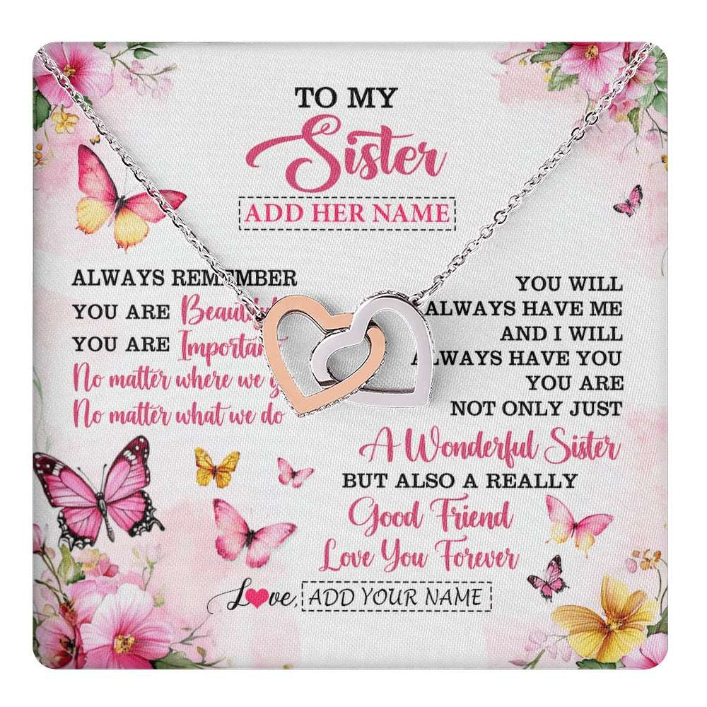 Interlocking Hearts Necklace Stainless Steel & Rose Gold Finish | 1 | Personalized To My Sister Gifts Necklace From Brother You Are Beautiful Birthday Gifts For Sister Graduation Christmas Custom Gift Box Message Card | https://teecentury.