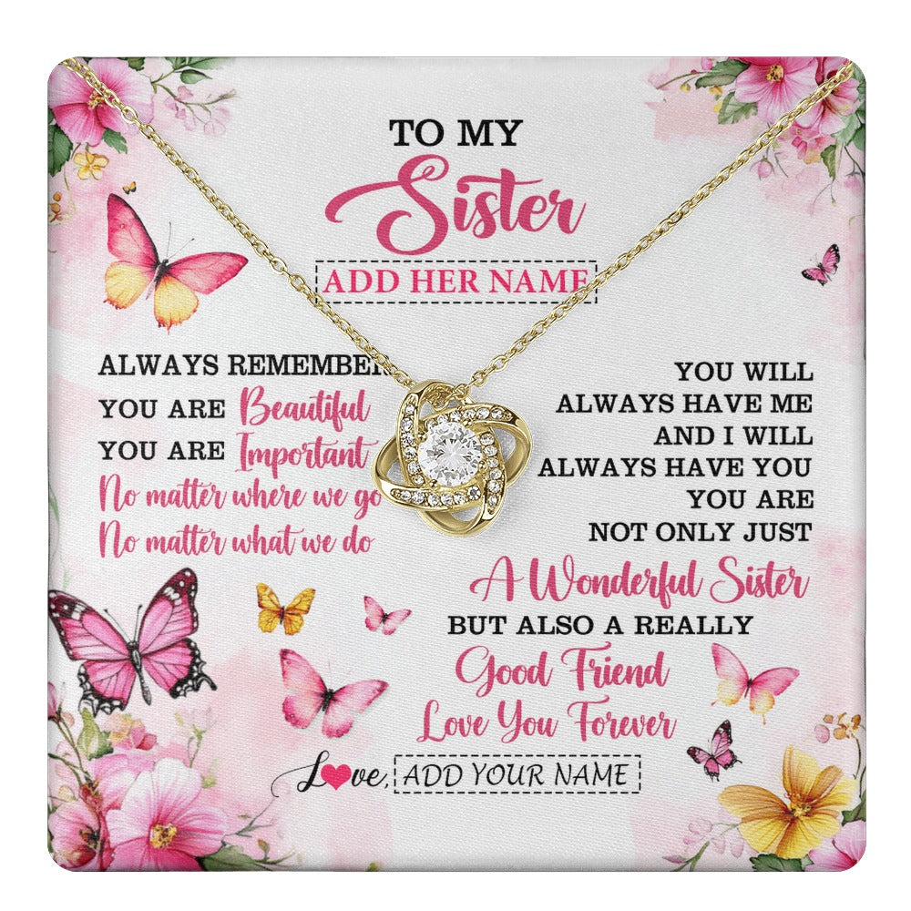 Love Knot Necklace 18K Yellow Gold Finish | 1 | Personalized To My Sister Gifts Necklace From Brother You Are Beautiful Birthday Gifts For Sister Graduation Christmas Custom Gift Box Message Card | https://teecentury.
