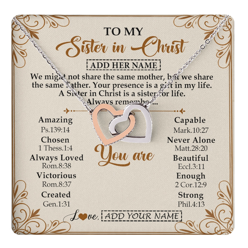 Interlocking Hearts Necklace Stainless Steel & Rose Gold Finish | 1 | Personalized To My Sister In Christ From Brother Necklace Always Remember Birthday Gift Idea For Sister Gifts Christmas Christian Custom Gift Box Message Card | https://teecentury.