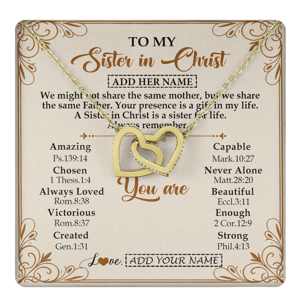 Interlocking Hearts Necklace 18K Yellow Gold Finish | 1 | Personalized To My Sister In Christ From Brother Necklace Always Remember Birthday Gift Idea For Sister Gifts Christmas Christian Custom Gift Box Message Card | https://teecentury.