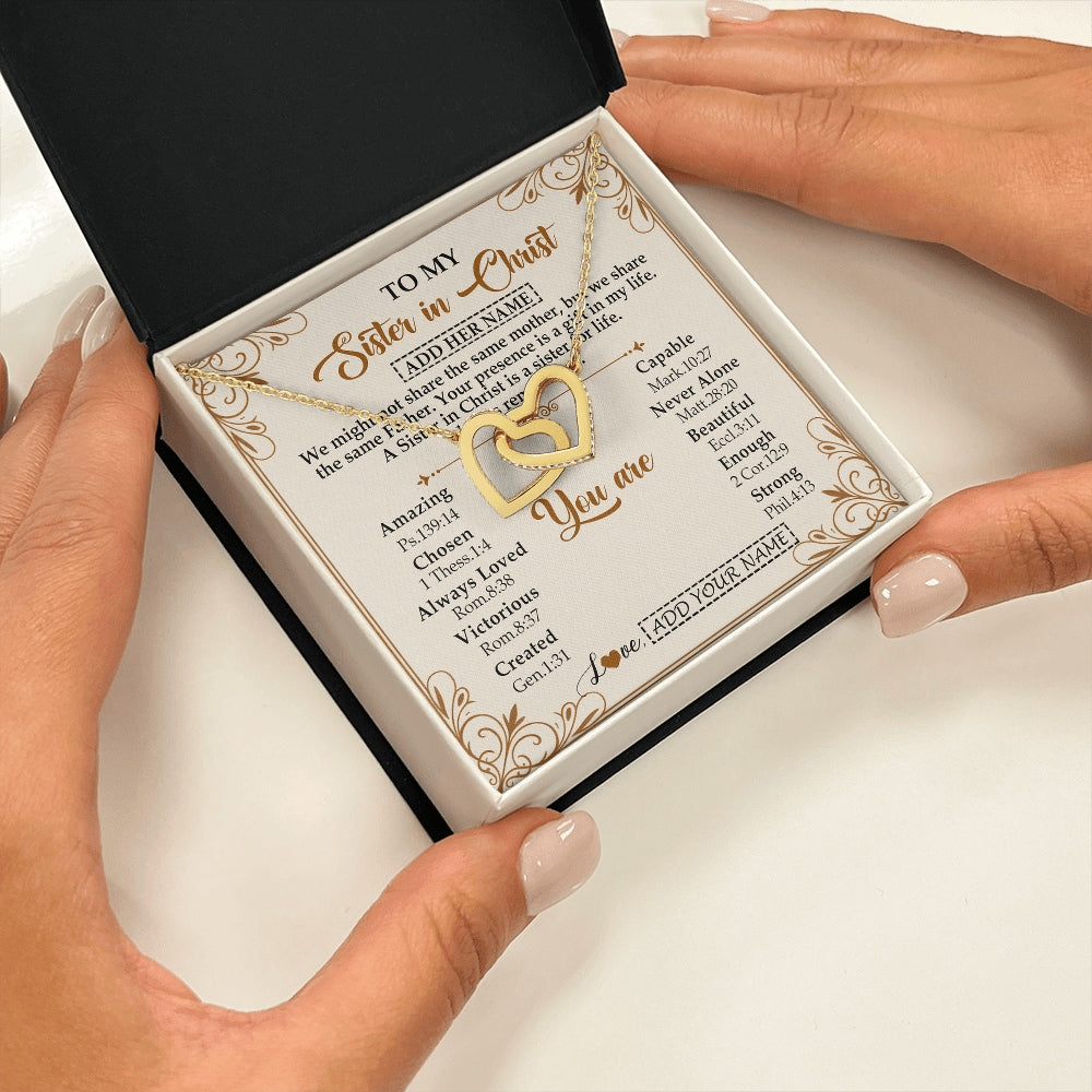 Interlocking Hearts Necklace 18K Yellow Gold Finish | 2 | Personalized To My Sister In Christ From Brother Necklace Always Remember Birthday Gift Idea For Sister Gifts Christmas Christian Custom Gift Box Message Card | https://teecentury.