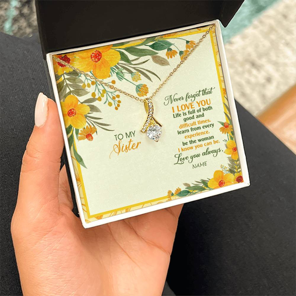 Alluring Beauty Necklace 18K Yellow Gold Finish | Personalized To My Sister Necklace From Brother Flower Never Forget That I Love You Sister Birthday Christmas Graduation Customized Gift Box Message Card | teecentury