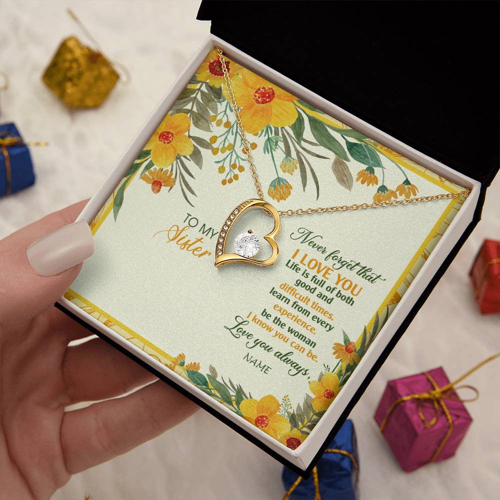Forever Love Necklace 18K Yellow Gold Finish | Personalized To My Sister Necklace From Brother Flower Never Forget That I Love You Sister Birthday Christmas Graduation Customized Gift Box Message Card | teecentury