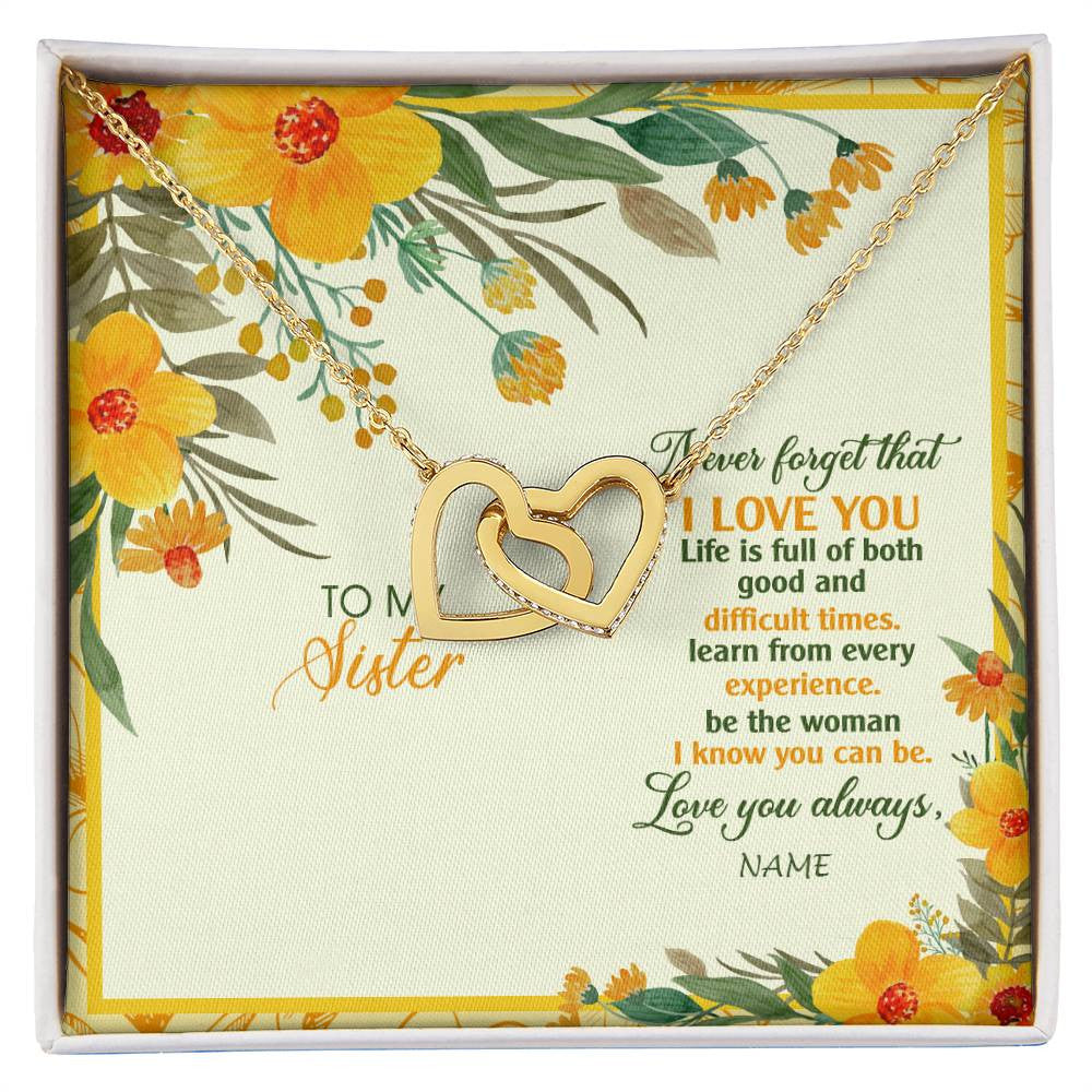 Interlocking Hearts Necklace 18K Yellow Gold Finish | Personalized To My Sister Necklace From Brother Flower Never Forget That I Love You Sister Birthday Christmas Graduation Customized Gift Box Message Card | teecentury