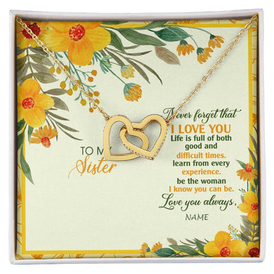 Interlocking Hearts Necklace 18K Yellow Gold Finish | Personalized To My Sister Necklace From Brother Flower Never Forget That I Love You Sister Birthday Christmas Graduation Customized Gift Box Message Card | teecentury