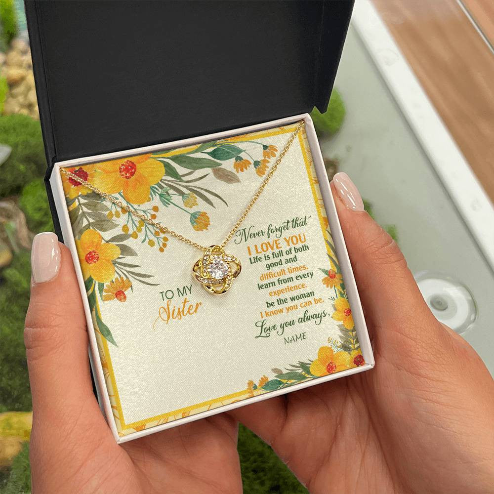 Love Knot Necklace 18K Yellow Gold Finish | Personalized To My Sister Necklace From Brother Flower Never Forget That I Love You Sister Birthday Christmas Graduation Customized Gift Box Message Card | teecentury