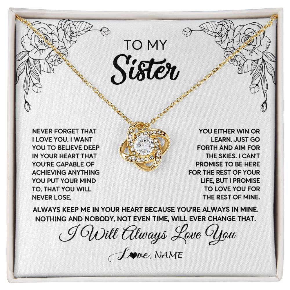 Love Knot Necklace 18K Yellow Gold Finish | Personalized To My Sister Necklace From Brother Never Forget That I Love You Sister Birthday Graduation Christmas Jewelry Customized Gift Box Message Card | teecentury