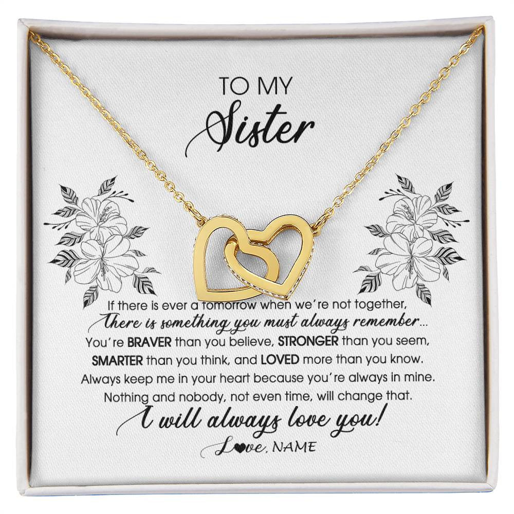 Interlocking Hearts Necklace 18K Yellow Gold Finish | Personalized To My Sister Necklace From Brother Sister Not Even Time Floral Sister Birthday Graduation Christmas Customized Message Card | teecentury