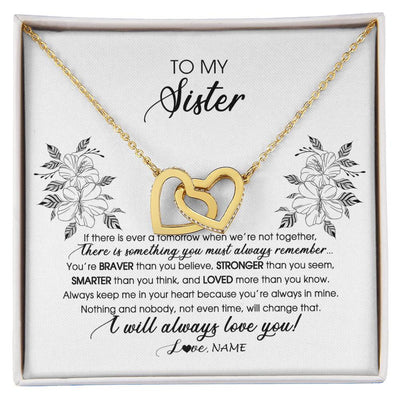 Interlocking Hearts Necklace 18K Yellow Gold Finish | Personalized To My Sister Necklace From Brother Sister Not Even Time Floral Sister Birthday Graduation Christmas Customized Message Card | teecentury