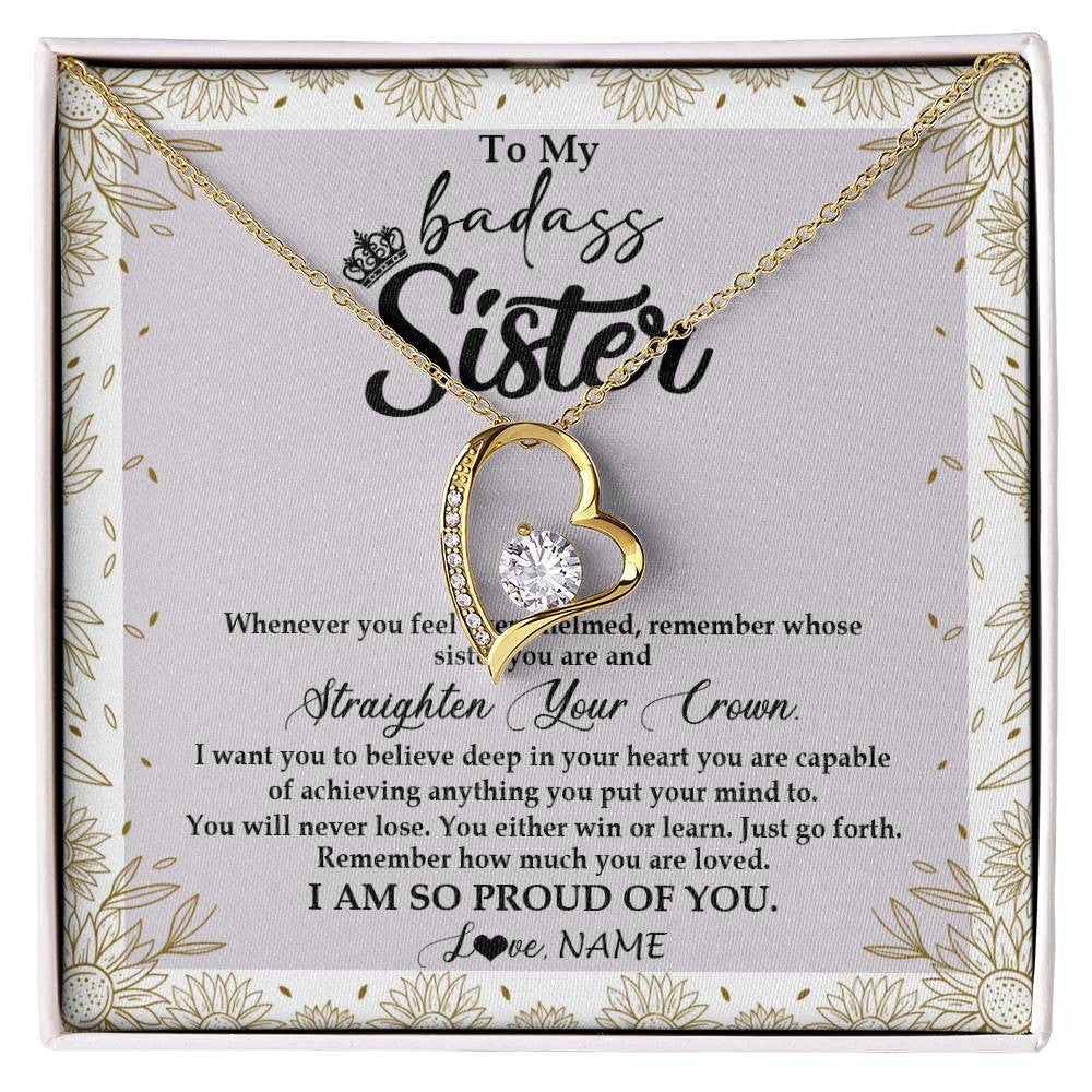 Forever Love Necklace 18K Yellow Gold Finish | Personalized To My Sister Necklace From Brother Sister Straighten Your Crown Sister Birthday Christmas Graduation Jewelry Customized Gift Box Message Card | teecentury