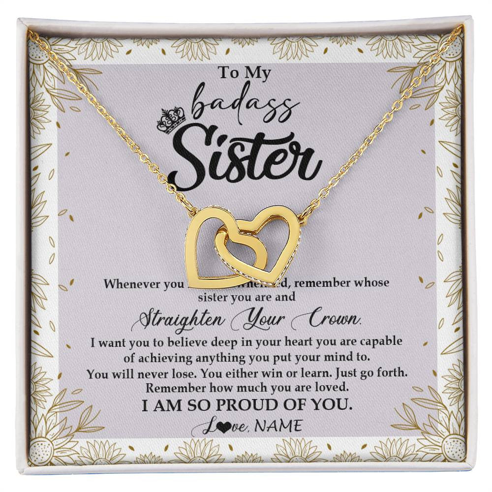 Interlocking Hearts Necklace 18K Yellow Gold Finish | Personalized To My Sister Necklace From Brother Sister Straighten Your Crown Sister Birthday Christmas Graduation Jewelry Customized Gift Box Message Card | teecentury
