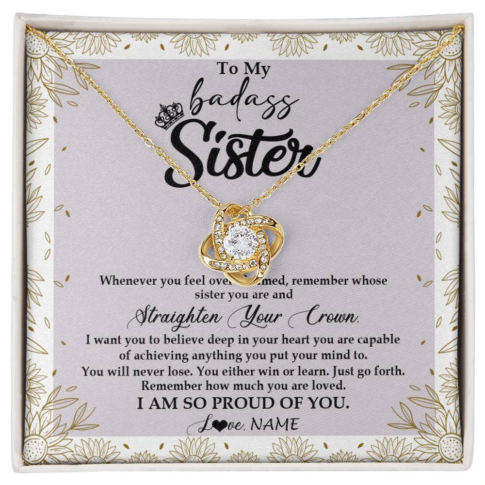 Love Knot Necklace 18K Yellow Gold Finish | Personalized To My Sister Necklace From Brother Sister Straighten Your Crown Sister Birthday Christmas Graduation Jewelry Customized Gift Box Message Card | teecentury