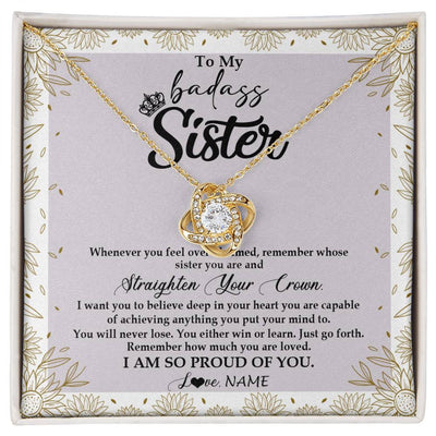 Love Knot Necklace 18K Yellow Gold Finish | Personalized To My Sister Necklace From Brother Sister Straighten Your Crown Sister Birthday Christmas Graduation Jewelry Customized Gift Box Message Card | teecentury