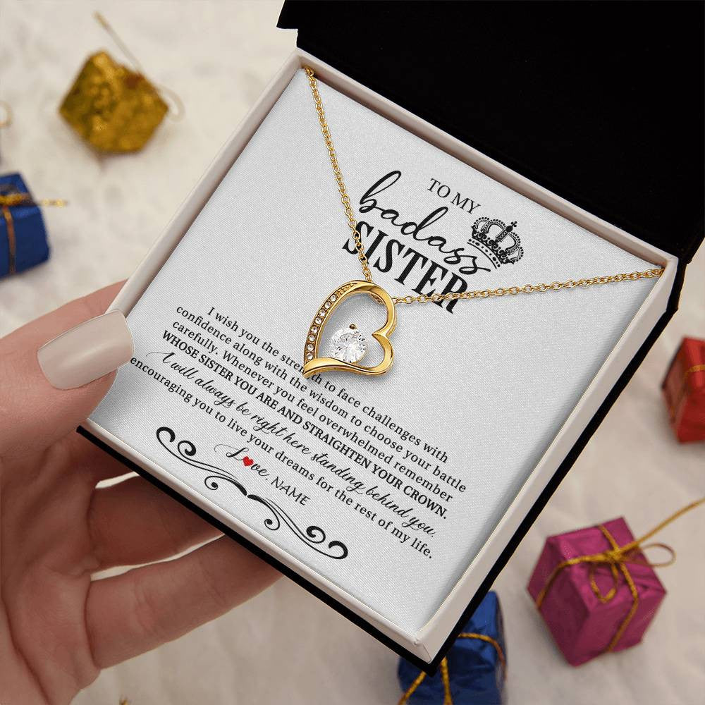 Forever Love Necklace 18K Yellow Gold Finish | Personalized To My Sister Necklace From Brother Sister Wish You The Strength Sister Birthday Christmas Graduation Jewelry Customized Gift Box Message Card | teecentury