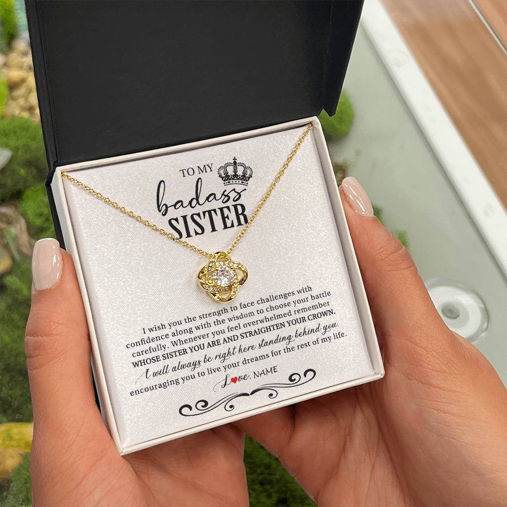 Love Knot Necklace 18K Yellow Gold Finish | Personalized To My Sister Necklace From Brother Sister Wish You The Strength Sister Birthday Christmas Graduation Jewelry Customized Gift Box Message Card | teecentury