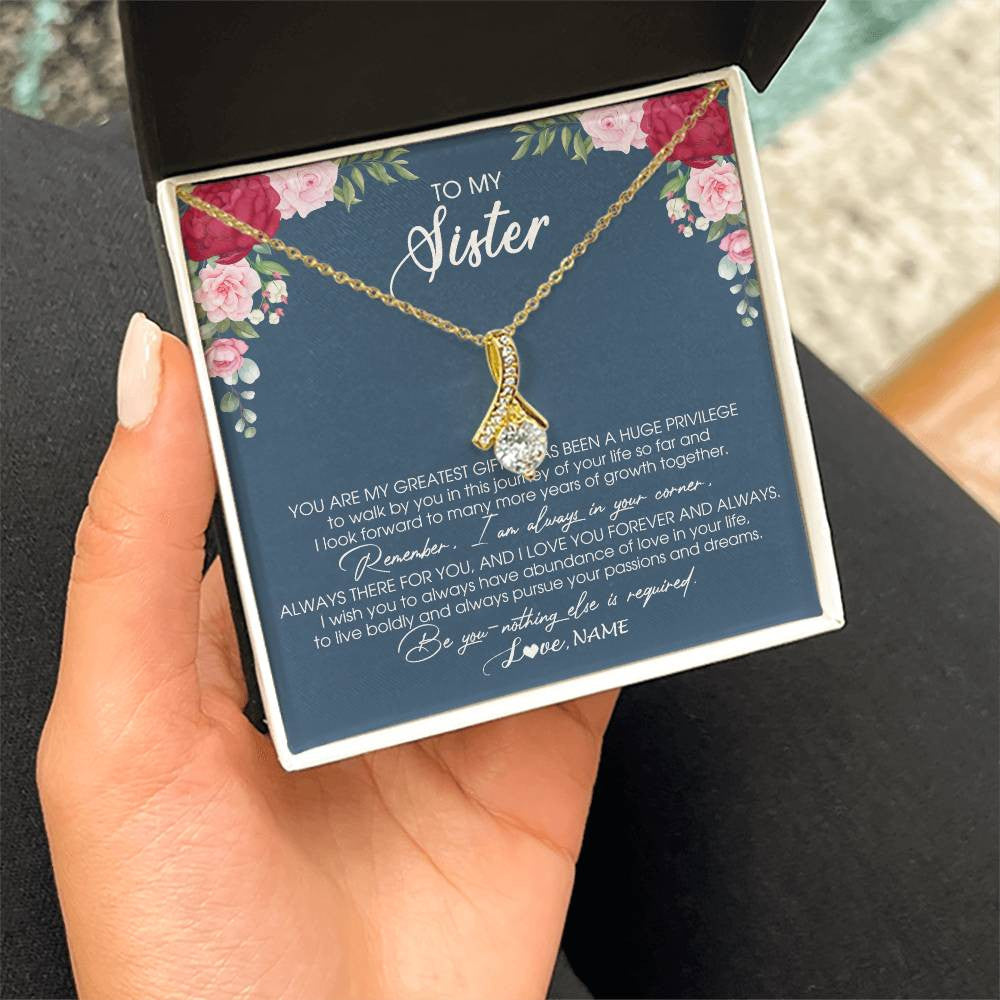 Alluring Beauty Necklace 18K Yellow Gold Finish | Personalized To My Sister Necklace From Brother Sister You Are My Greatest Gift Sister Birthday Christmas Customized Jewelry Gift Box Message Card | teecentury