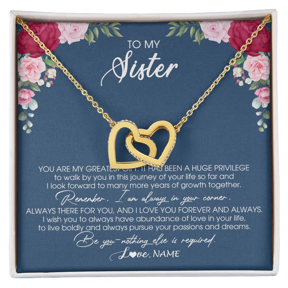 Interlocking Hearts Necklace 18K Yellow Gold Finish | Personalized To My Sister Necklace From Brother Sister You Are My Greatest Gift Sister Birthday Christmas Customized Jewelry Gift Box Message Card | teecentury