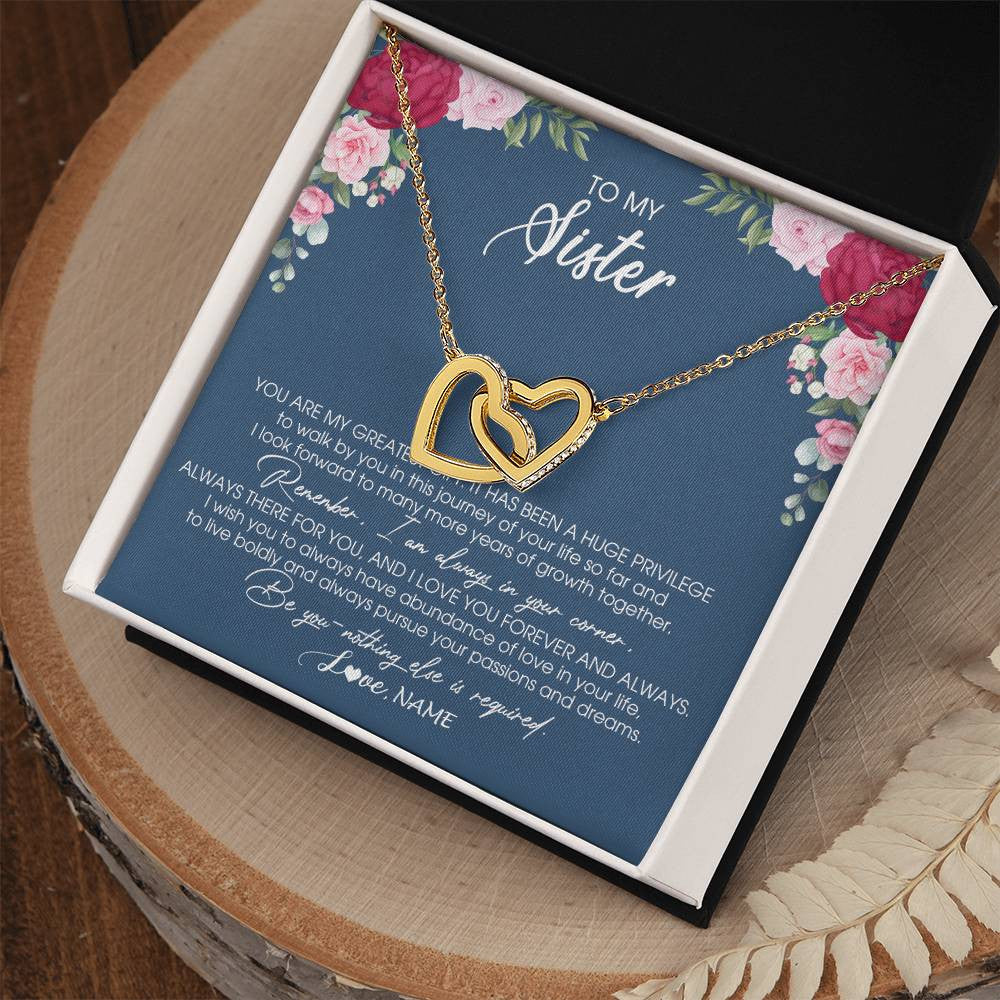 Interlocking Hearts Necklace 18K Yellow Gold Finish | Personalized To My Sister Necklace From Brother Sister You Are My Greatest Gift Sister Birthday Christmas Customized Jewelry Gift Box Message Card | teecentury