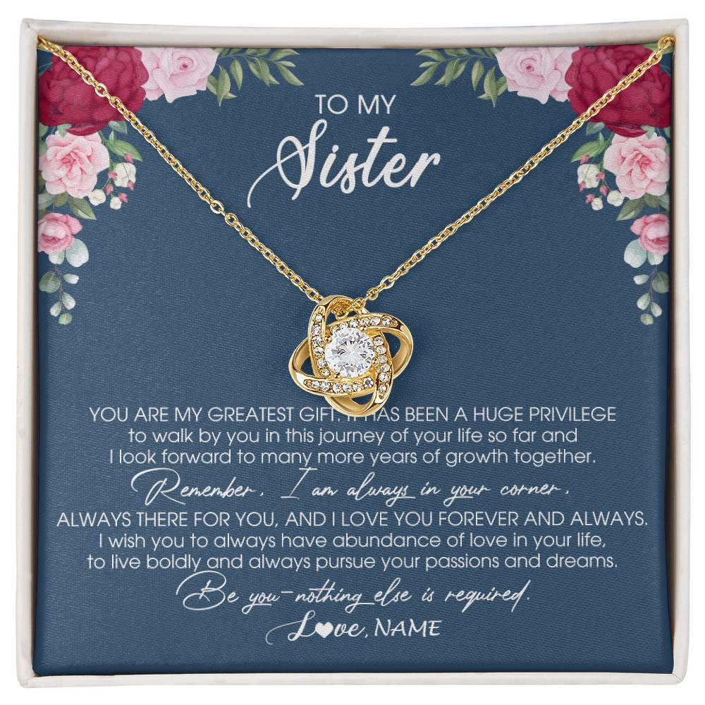 Love Knot Necklace 18K Yellow Gold Finish | Personalized To My Sister Necklace From Brother Sister You Are My Greatest Gift Sister Birthday Christmas Customized Jewelry Gift Box Message Card | teecentury