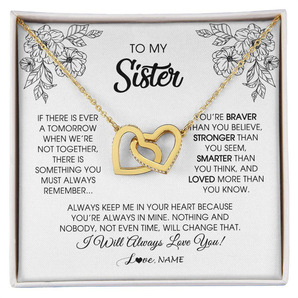 Interlocking Hearts Necklace 18K Yellow Gold Finish | Personalized To My Sister Necklace From Brother Sister You're Braver Stronger Smarter Sister Birthday Christmas Customized Jewelry Gift Box Message Card | teecentury