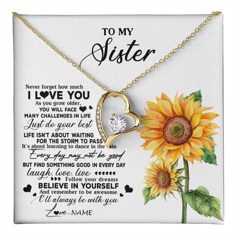 Forever Love Necklace 18K Yellow Gold Finish | 1 | Personalized To My Sister Necklace From Brother Sunflower Wood Laugh Love Live Sister Birthday Graduation Christmas Customized Gift Box Message Card | teecentury