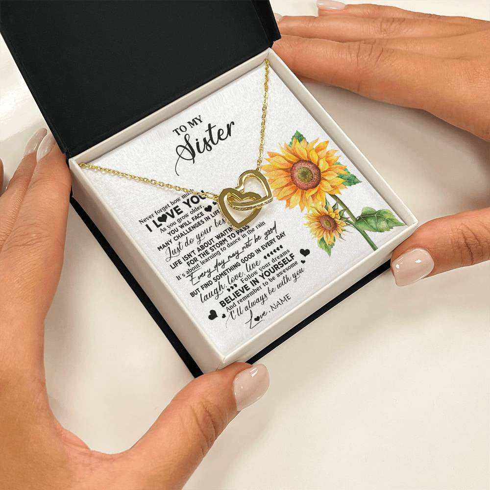 Interlocking Hearts Necklace 18K Yellow Gold Finish | 2 | Personalized To My Sister Necklace From Brother Sunflower Wood Laugh Love Live Sister Birthday Graduation Christmas Customized Gift Box Message Card | teecentury