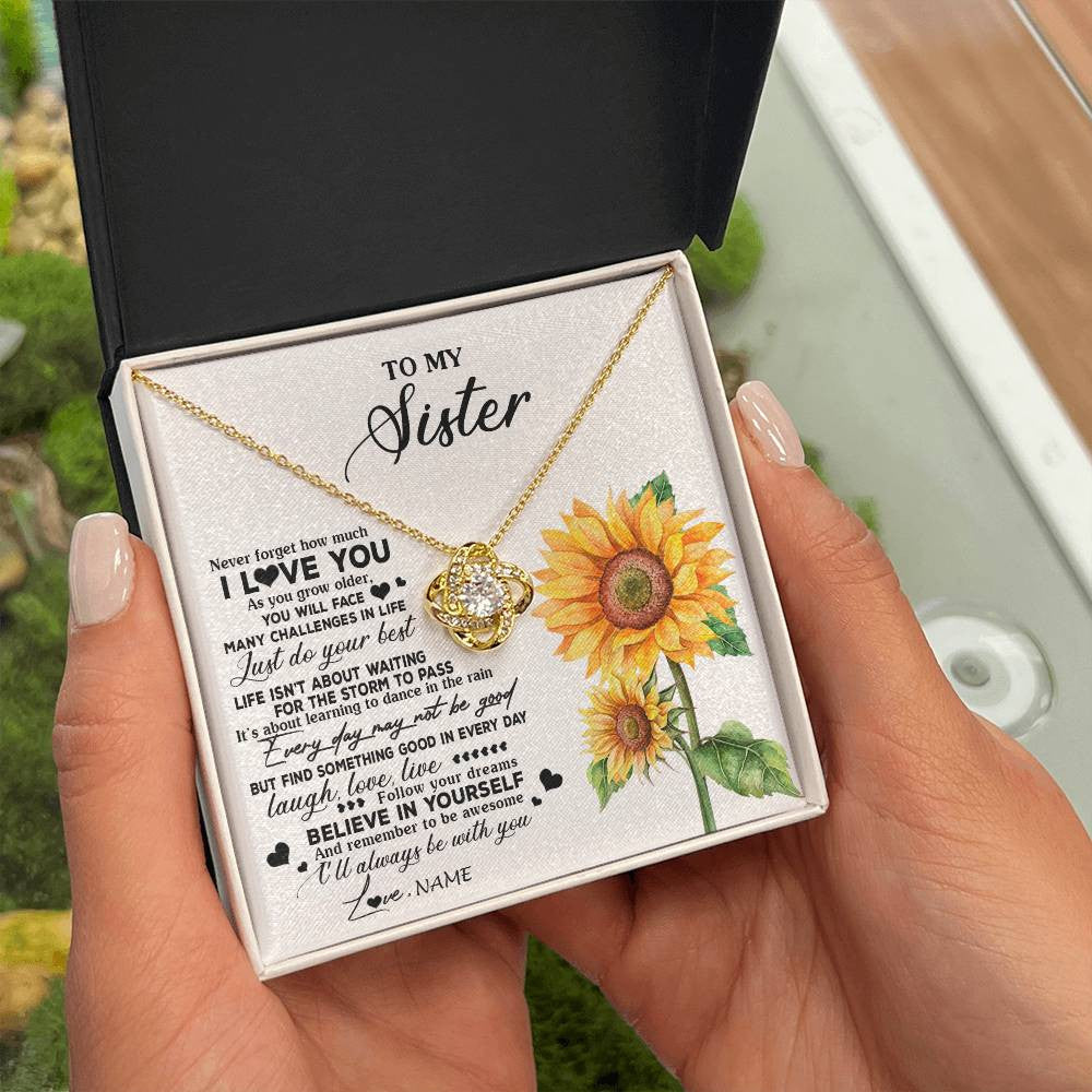 Love Knot Necklace 18K Yellow Gold Finish | 2 | Personalized To My Sister Necklace From Brother Sunflower Wood Laugh Love Live Sister Birthday Graduation Christmas Customized Gift Box Message Card | teecentury