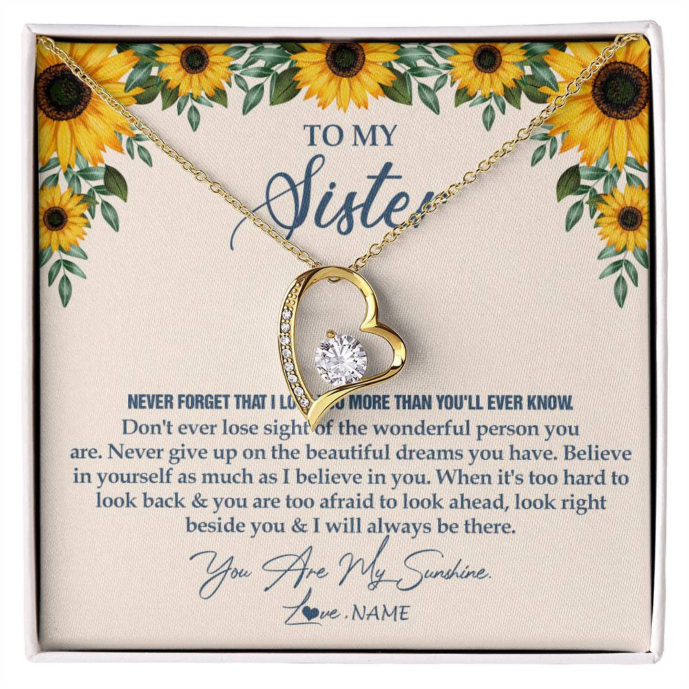 Forever Love Necklace 18K Yellow Gold Finish | Personalized To My Sister Necklace From Brother Sunflower You Are My Sunshine Sister Jewelry Graduation Birthday Christmas Customized Gift Box Message Card | teecentury