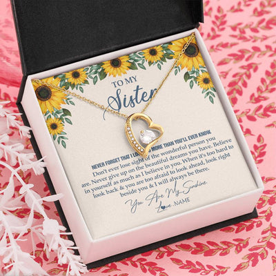 Forever Love Necklace 18K Yellow Gold Finish | Personalized To My Sister Necklace From Brother Sunflower You Are My Sunshine Sister Jewelry Graduation Birthday Christmas Customized Gift Box Message Card | teecentury