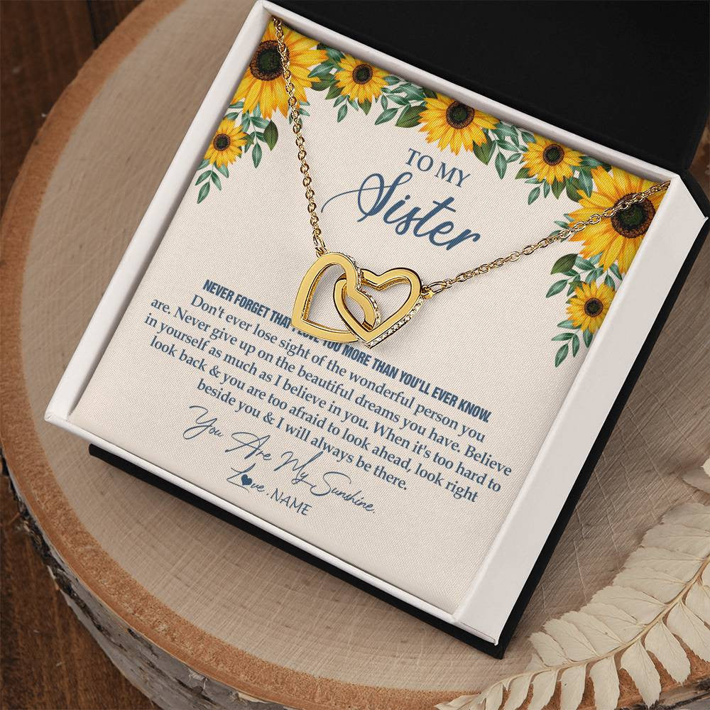 Interlocking Hearts Necklace 18K Yellow Gold Finish | Personalized To My Sister Necklace From Brother Sunflower You Are My Sunshine Sister Jewelry Graduation Birthday Christmas Customized Gift Box Message Card | teecentury