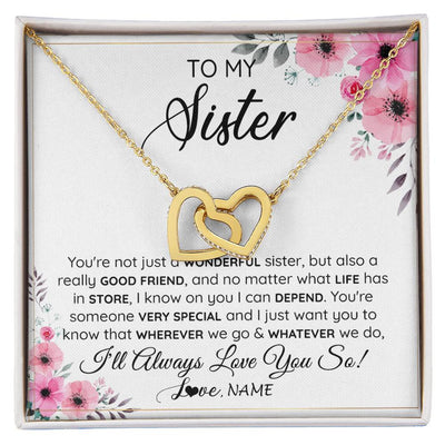 Interlocking Hearts Necklace 18K Yellow Gold Finish | 1 | Personalized To My Sister Necklace From Little Sister Big Sister A Wonderful Sister Best Friend Birthday Christmas Jewelry Customized Gift Box Message Card | teecentury