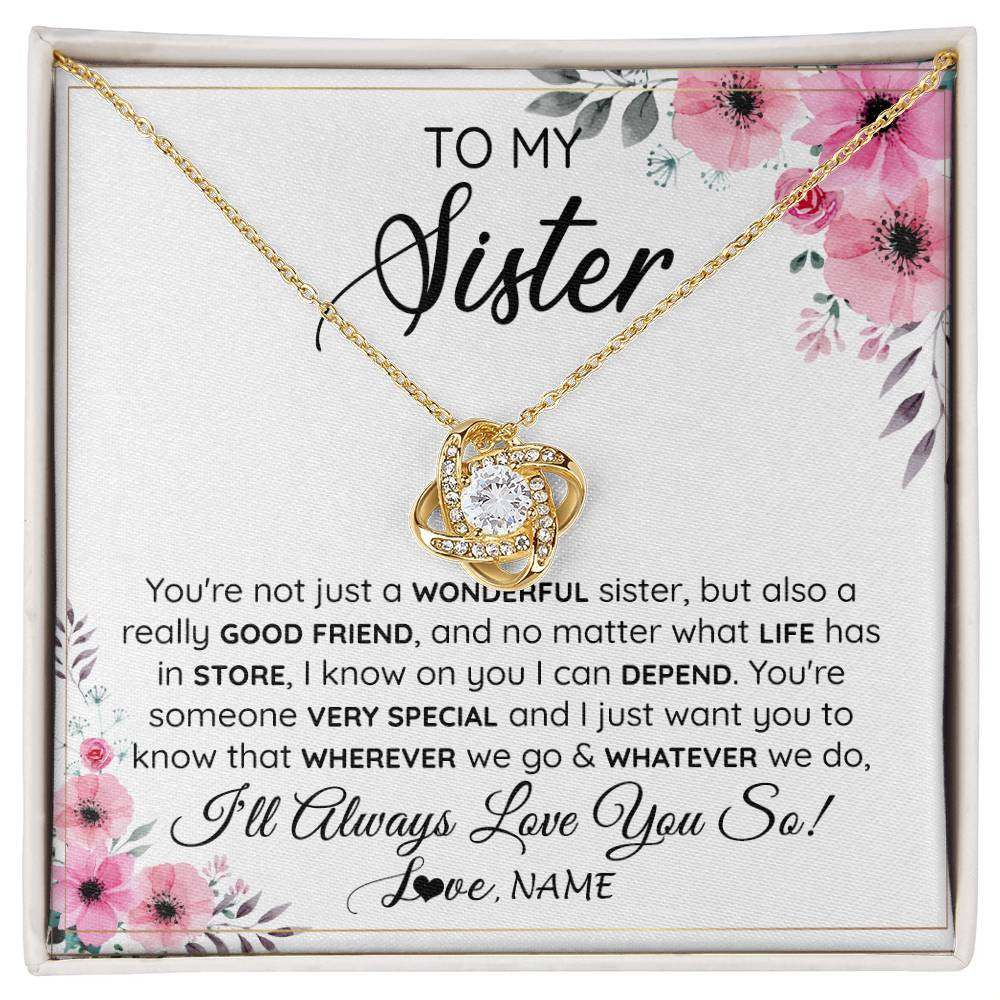 Love Knot Necklace 18K Yellow Gold Finish | 1 | Personalized To My Sister Necklace From Little Sister Big Sister A Wonderful Sister Best Friend Birthday Christmas Jewelry Customized Gift Box Message Card | teecentury