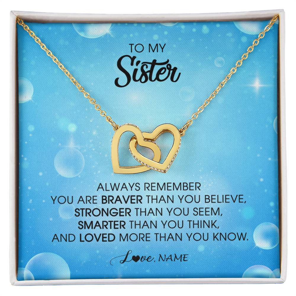 Interlocking Hearts Necklace 18K Yellow Gold Finish | Personalized To My Sister Necklace From Sister Brother Always Remember You Are Braver Sister Pendant Jewelry Birthday Christmas Customized Message Card | teecentury