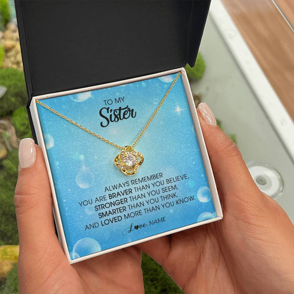 Love Knot Necklace 18K Yellow Gold Finish | Personalized To My Sister Necklace From Sister Brother Always Remember You Are Braver Sister Pendant Jewelry Birthday Christmas Customized Message Card | teecentury