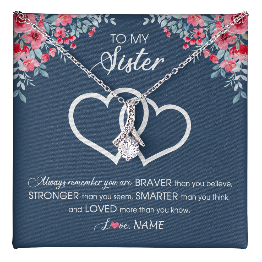 Alluring Beauty Necklace 14K White Gold Finish | 1 | Personalized To My Sister Necklace From Sister Brother Braver Stronger Smarter Loved Sister Pendant Jewelry Birthday Christmas Customized Message Card | teecentury