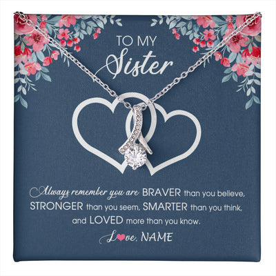 Alluring Beauty Necklace 14K White Gold Finish | 1 | Personalized To My Sister Necklace From Sister Brother Braver Stronger Smarter Loved Sister Pendant Jewelry Birthday Christmas Customized Message Card | teecentury