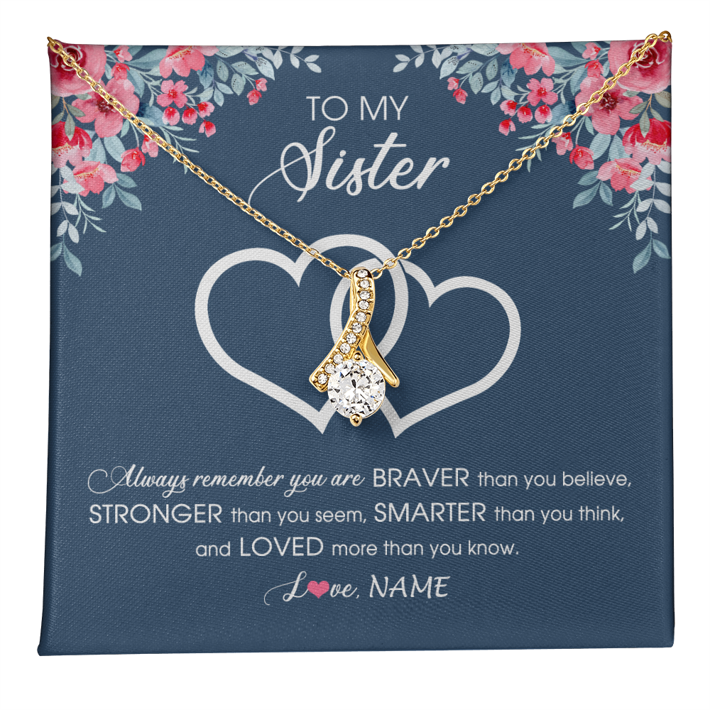 Alluring Beauty Necklace 18K Yellow Gold Finish | 1 | Personalized To My Sister Necklace From Sister Brother Braver Stronger Smarter Loved Sister Pendant Jewelry Birthday Christmas Customized Message Card | teecentury