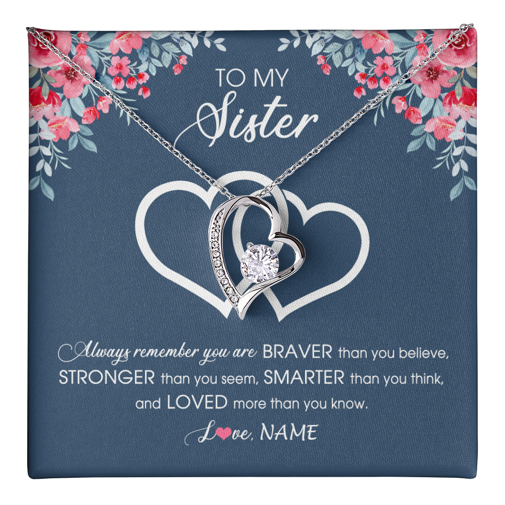 Forever Love Necklace 14K White Gold Finish | 1 | Personalized To My Sister Necklace From Sister Brother Braver Stronger Smarter Loved Sister Pendant Jewelry Birthday Christmas Customized Message Card | teecentury