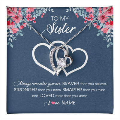 Forever Love Necklace 14K White Gold Finish | 1 | Personalized To My Sister Necklace From Sister Brother Braver Stronger Smarter Loved Sister Pendant Jewelry Birthday Christmas Customized Message Card | teecentury