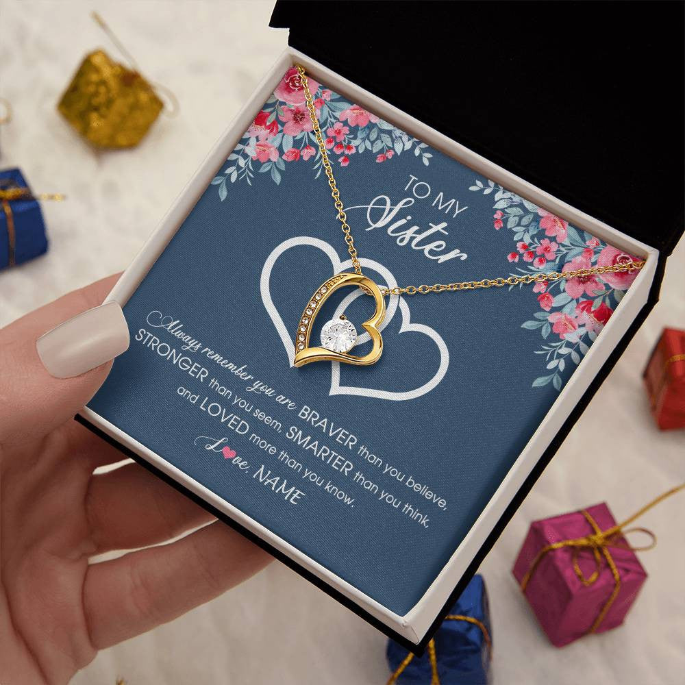 Forever Love Necklace 18K Yellow Gold Finish | 2 | Personalized To My Sister Necklace From Sister Brother Braver Stronger Smarter Loved Sister Pendant Jewelry Birthday Christmas Customized Message Card | teecentury