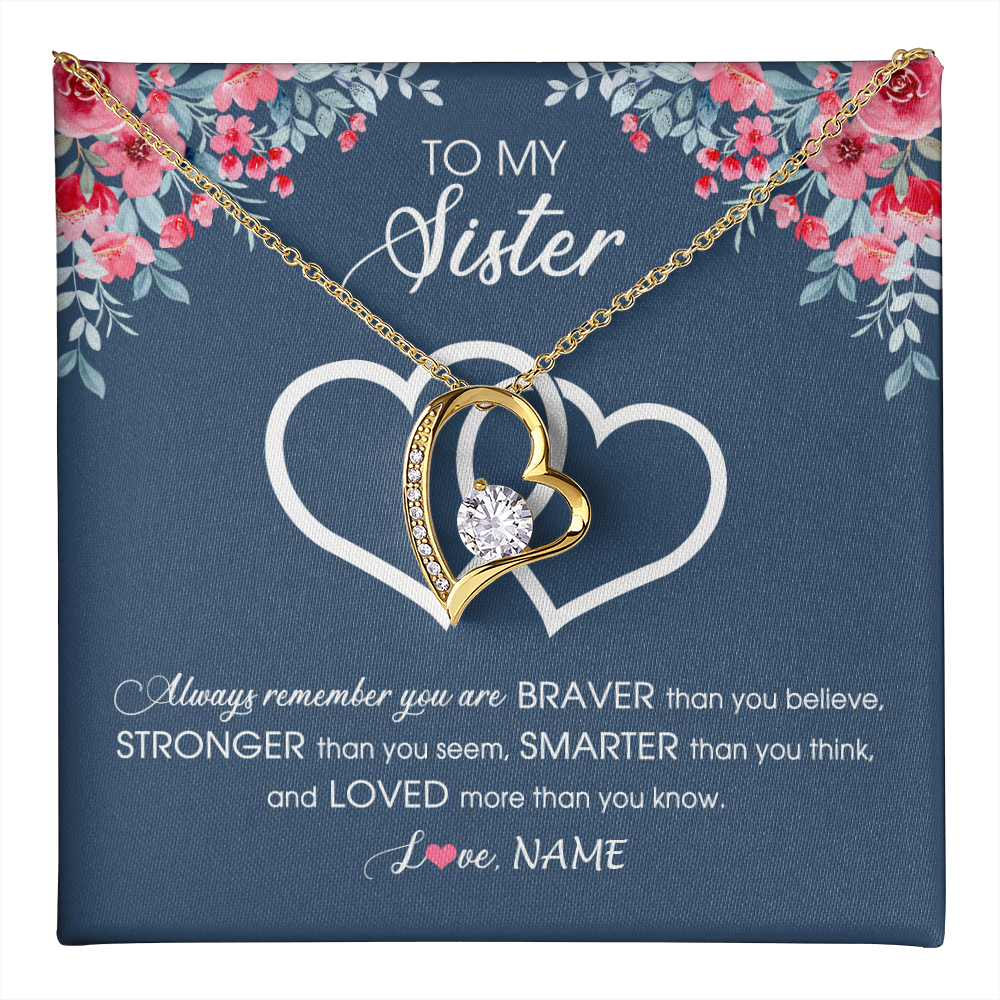 Forever Love Necklace 18K Yellow Gold Finish | 1 | Personalized To My Sister Necklace From Sister Brother Braver Stronger Smarter Loved Sister Pendant Jewelry Birthday Christmas Customized Message Card | teecentury
