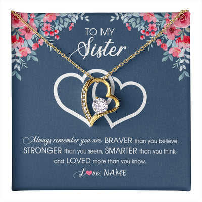 Forever Love Necklace 18K Yellow Gold Finish | 1 | Personalized To My Sister Necklace From Sister Brother Braver Stronger Smarter Loved Sister Pendant Jewelry Birthday Christmas Customized Message Card | teecentury